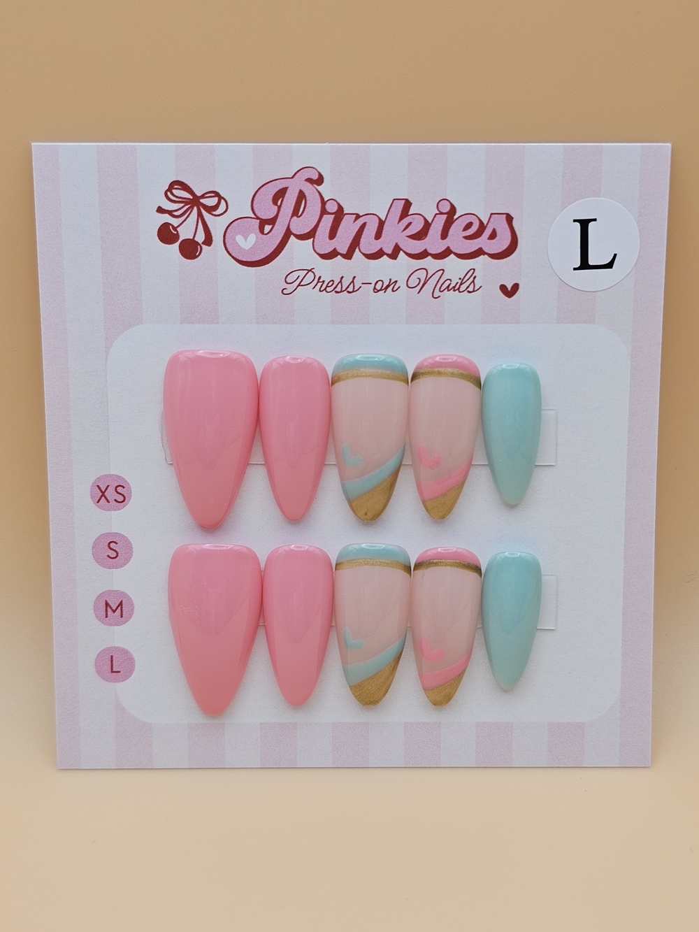 Press-on Nails Set 10pc Size L Almond Pink Blue Gold Hearts